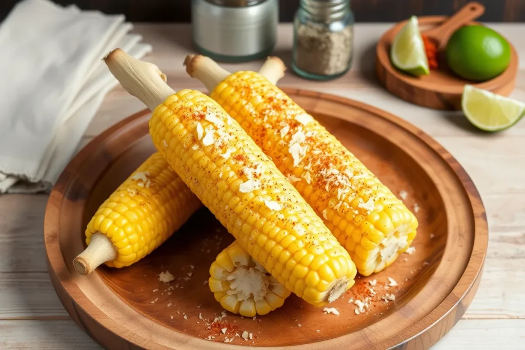 Cooked corn on the cob garnished with Parmesan cheese and chili powder on a rustic wooden plate, ready to be served