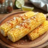 Cooked corn on the cob garnished with Parmesan cheese and chili powder on a rustic wooden plate, ready to be served