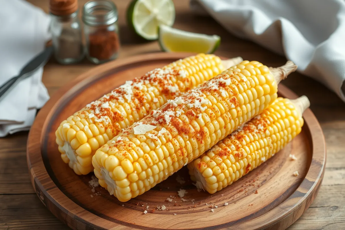 Cooked corn on the cob garnished with Parmesan cheese and chili powder on a rustic wooden plate, ready to be served