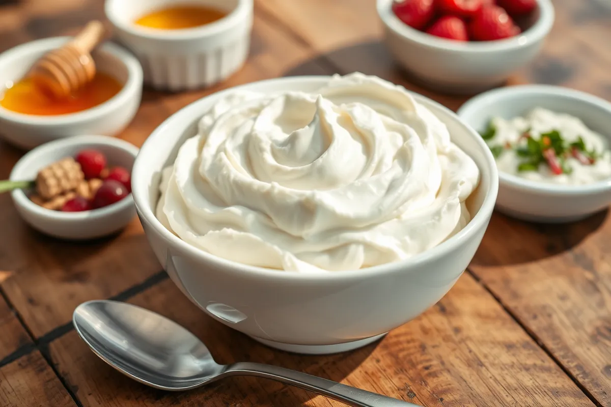 A bowl of creamy, homemade whipped cottage cheese surrounded by fresh toppings like berries, honey, and herbs, styled on a rustic wooden table