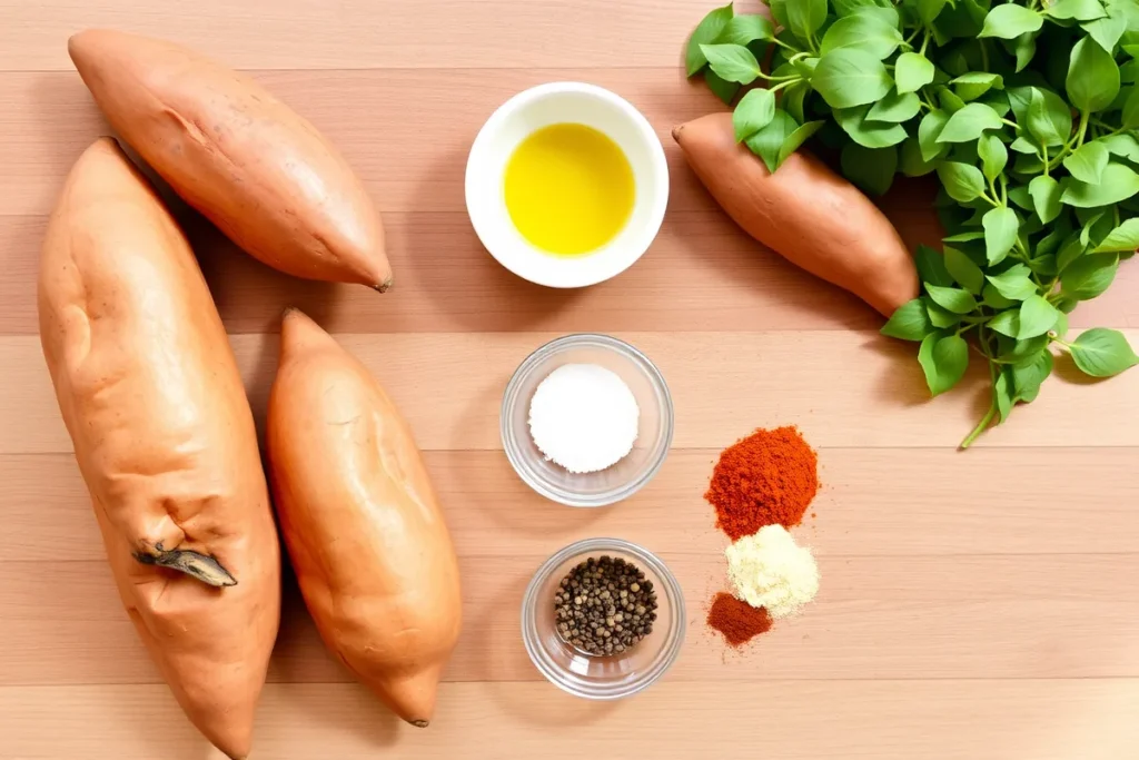 ( cook sweet potatoes in air fryer )Air fryer sweet potato ingredients including fresh sweet potatoes, olive oil, salt, black pepper, paprika, cinnamon, and garlic powder arranged on a wooden surface for a delicious recipe