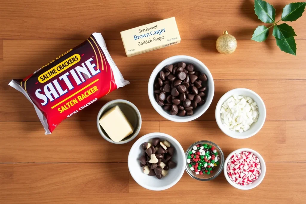 "Overhead view of Christmas Cracker Candy ingredients: saltine crackers, butter, brown sugar, chocolate chips, and festive toppings like crushed candy canes and sprinkles on a wooden surface."






