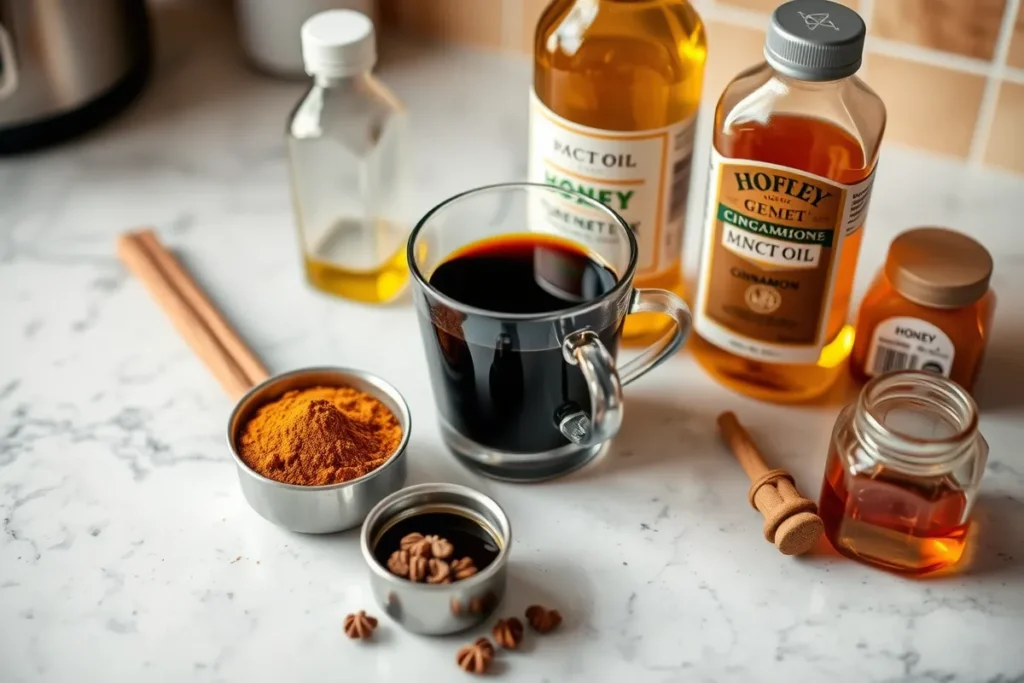 Ingredients for Coffee Loophole Recipe arranged on a kitchen countertop, including coffee, cinnamon, turmeric, MCT oil, and honey