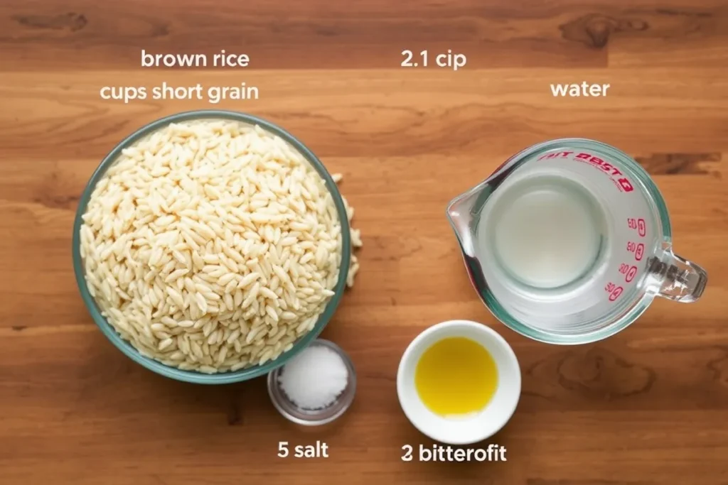 Ingredients for cooking brown rice including 1 cup of brown rice, 2 ½ cups of water, 1 teaspoon of salt, and 1 tablespoon of olive oil or butter