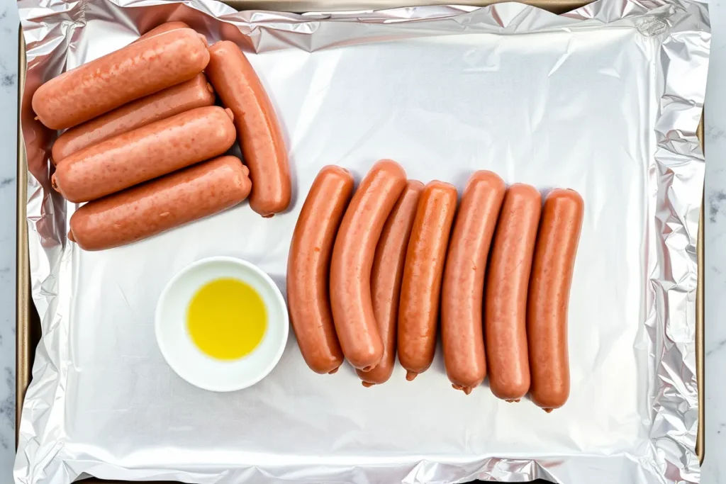 Italian sausage links, olive oil, and aluminum foil or parchment paper ready for baking in the oven.






