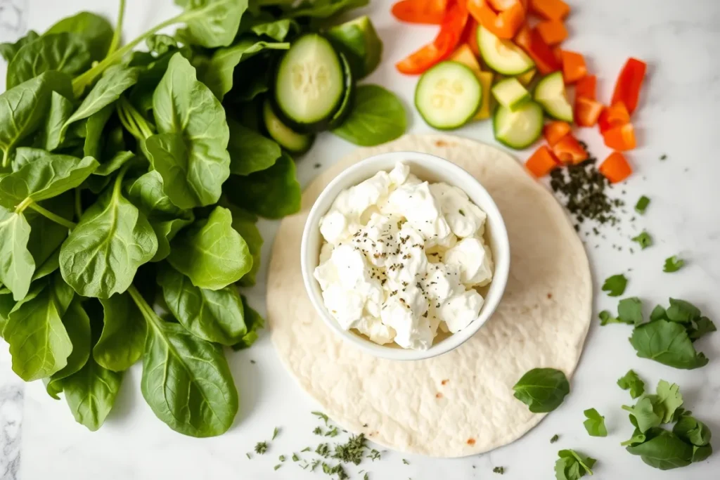 Ingredients for a high-protein cottage cheese wrap, including cottage cheese, spinach, tortilla, and fresh vegetables on a countertop