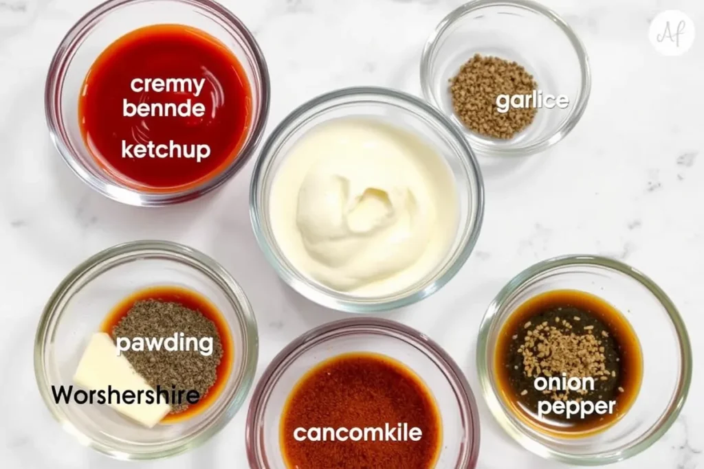 Small glass bowls filled with mayonnaise, ketchup, Worcestershire sauce, garlic powder, smoked paprika, black pepper, and onion powder, arranged on a clean kitchen counter for making homemade Cane's sauce