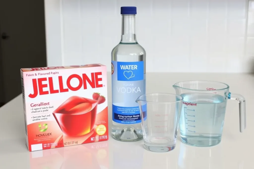 Ingredients for making Jello Shots, including gelatin, vodka, and water on a kitchen counter.