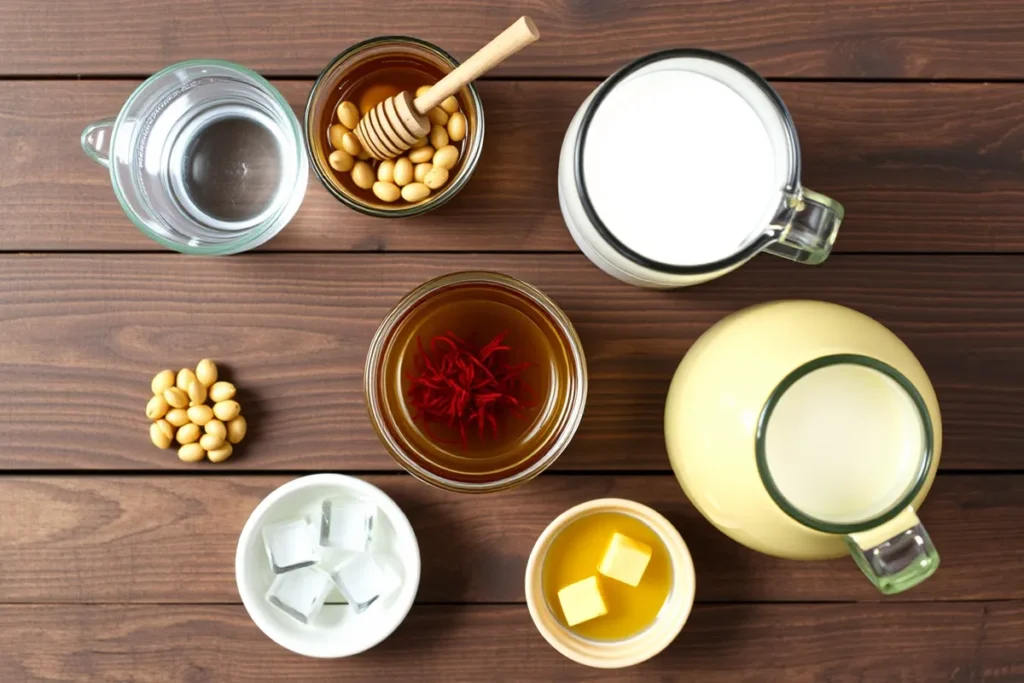 A flat lay of lotus seeds, water, honey, saffron strands, cardamom powder, milk, and ice cubes, beautifully arranged as ingredients for the Lotus Seed Honey Drink recipe on a wooden background