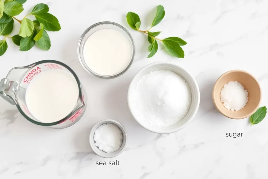 Ingredients for Ninja Creami ice cream recipe, including whole milk, heavy cream, granulated sugar, vanilla extract, and a pinch of sea salt arranged on a wooden countertop