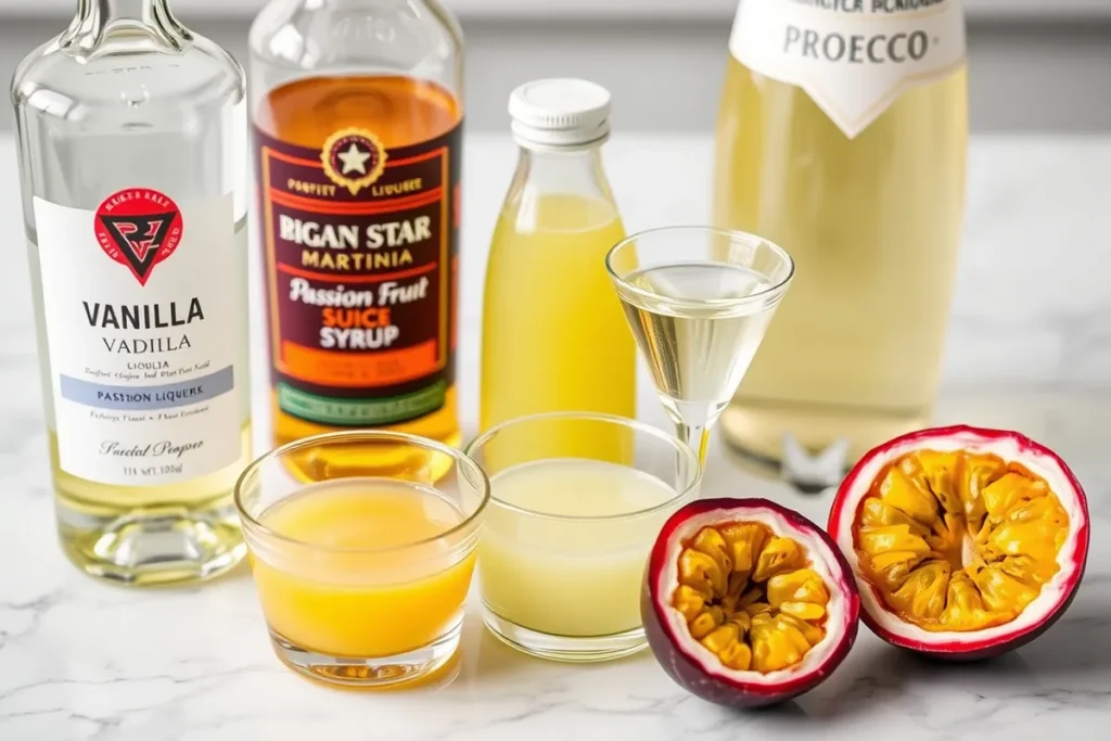 All ingredients needed for a Porn Star Martini cocktail, including vanilla vodka, passion fruit liqueur, passion fruit juice, sugar syrup, prosecco, and a halved passion fruit