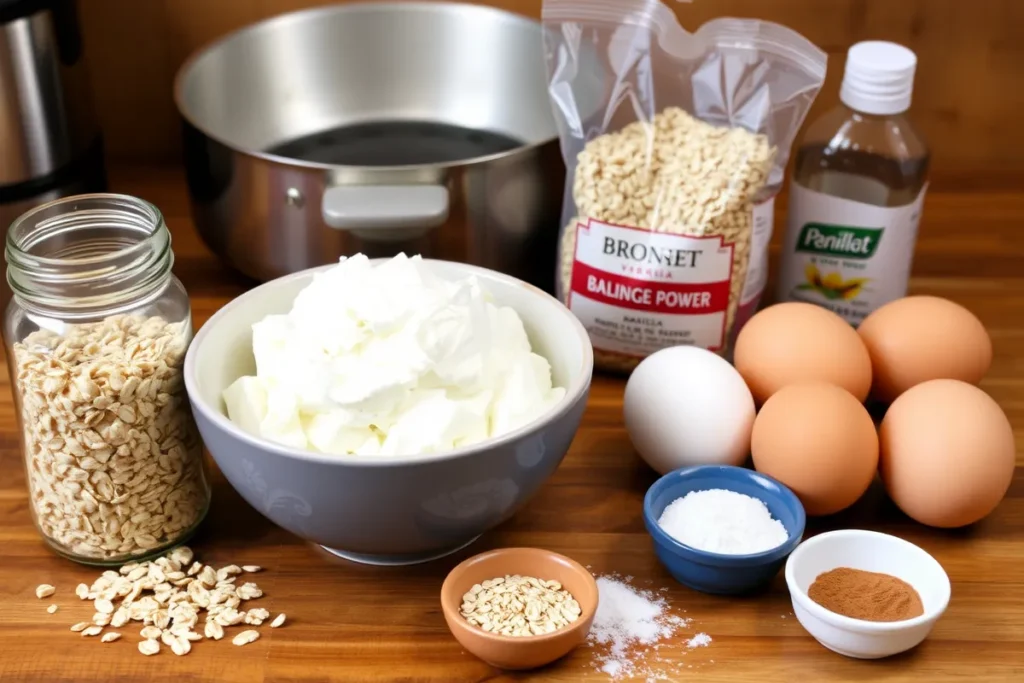 A collection of ingredients for cottage cheese pancakes, including cottage cheese, oats, eggs, baking powder, vanilla, cinnamon, and olive oil, perfect for a high-protein breakfast recipe