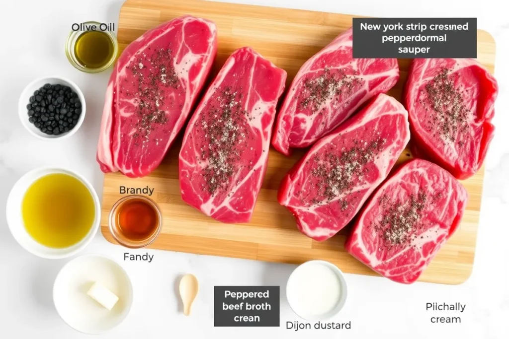 Ingredients for a steak recipe with creamy peppercorn sauce, featuring New York strip steaks, olive oil, butter, crushed peppercorns, brandy, beef broth, heavy cream, Dijon mustard, and salt