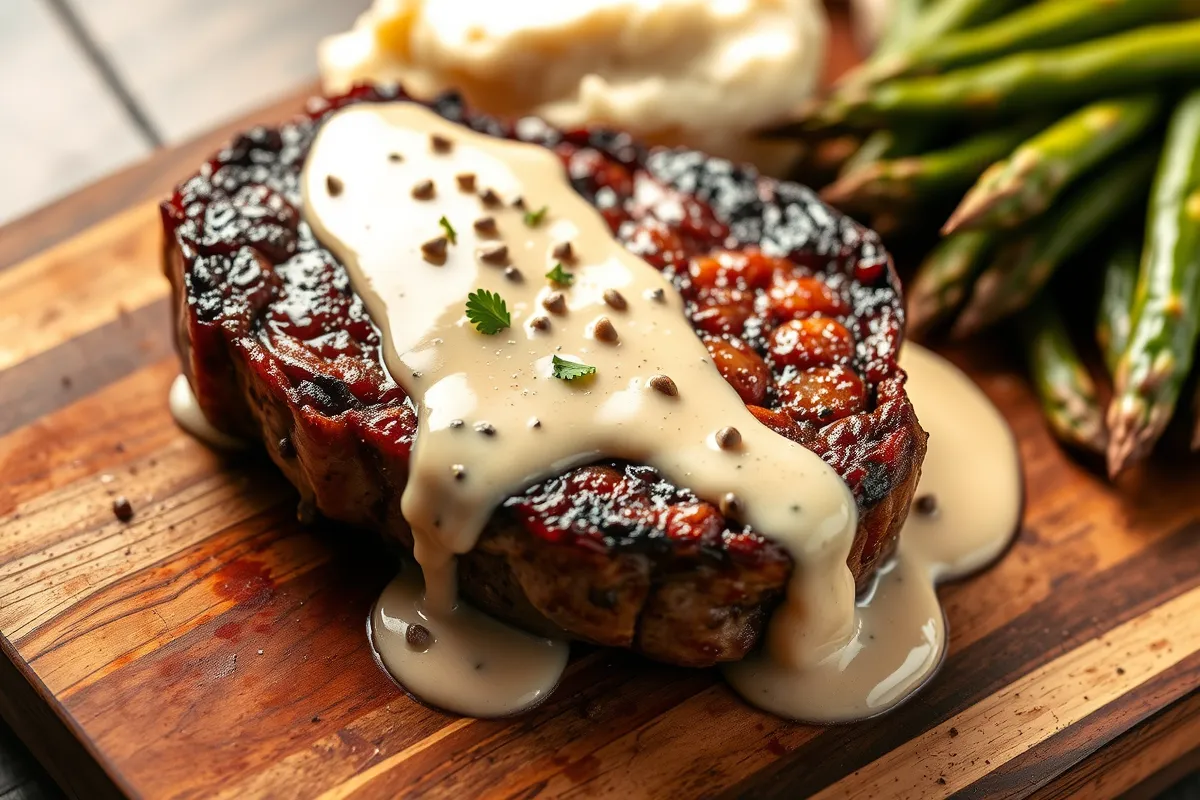 A perfectly seared steak topped with creamy peppercorn sauce, served with mashed potatoes and asparagus on a wooden board, ideal for a gourmet dinner