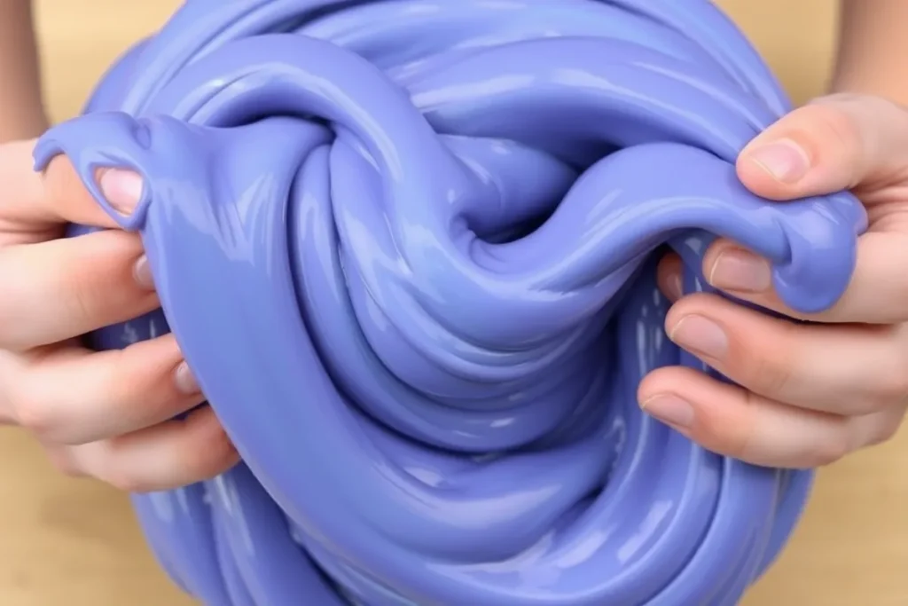 Hands kneading homemade slime to achieve a smooth, non-sticky texture