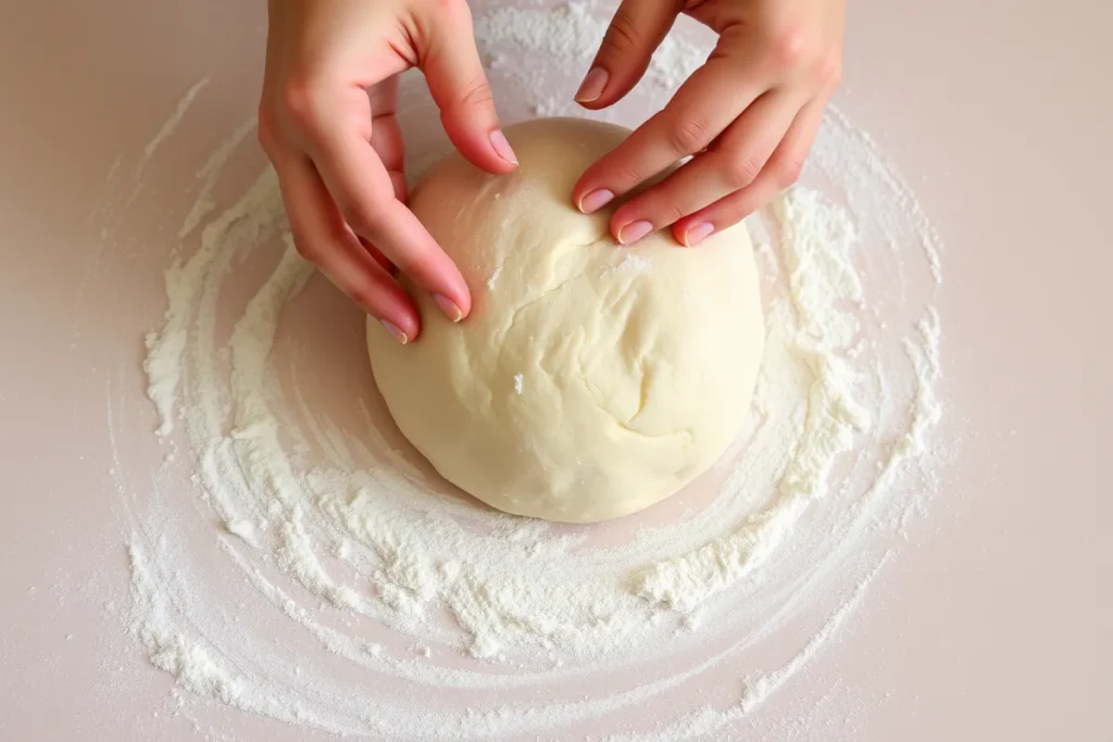 Kneading cottage cheese flatbread dough on a floured surface until it’s smooth and elastic