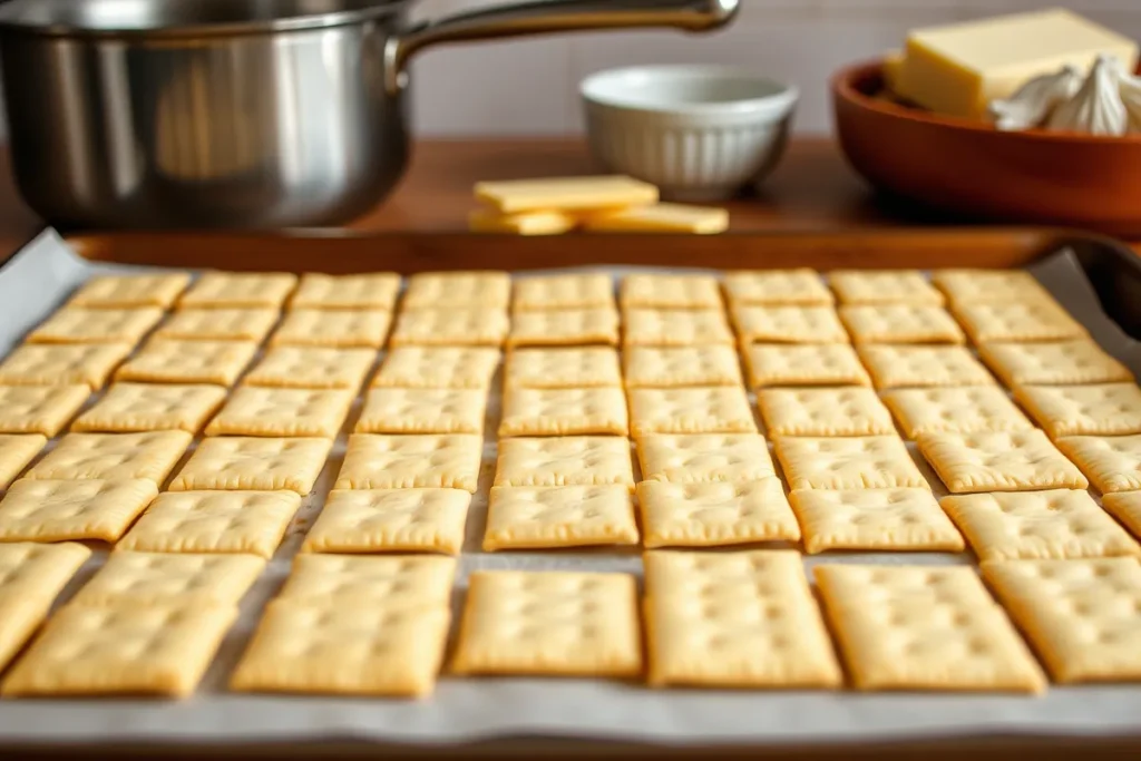 Saltine crackers neatly arranged on a parchment-lined baking sheet, ready for the Christmas Cracker Candy recipe