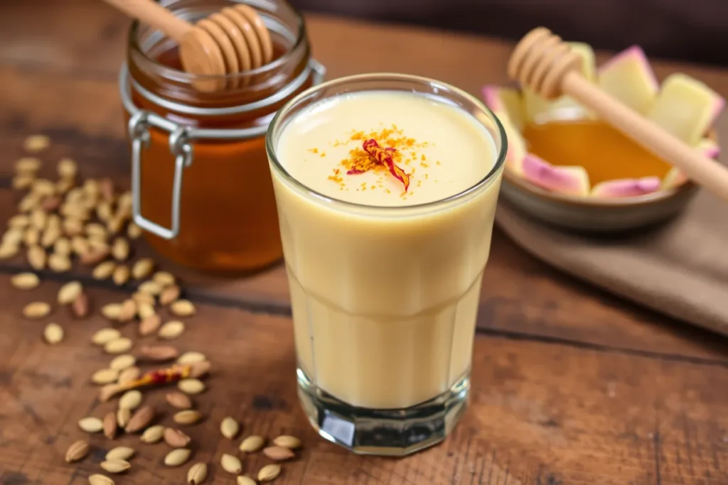 Lotus Seed Honey Drink in a glass, garnished with cardamom and saffron, with lotus seeds and honey jar in the background on a rustic table