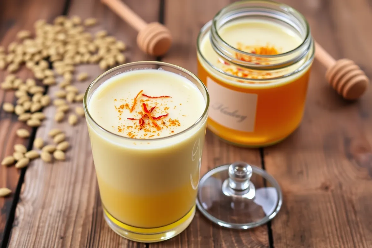 Lotus Seed Honey Drink in a glass, garnished with cardamom and saffron, with lotus seeds and honey jar in the background on a rustic table