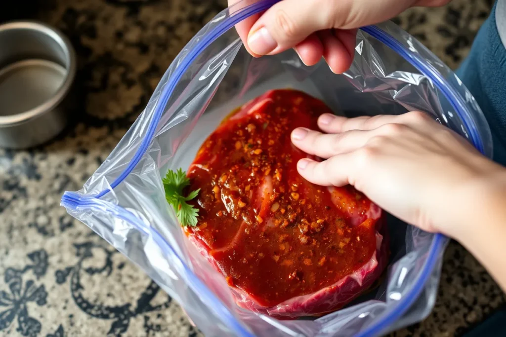 Marinating London Broil in a zip-top bag, ensuring even distribution of the marinade for maximum flavor