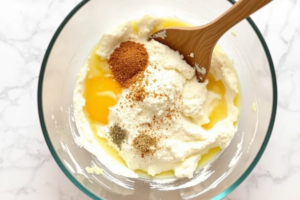 Ingredients for cottage cheese flatbread being mixed in a bowl to create a smooth dough.