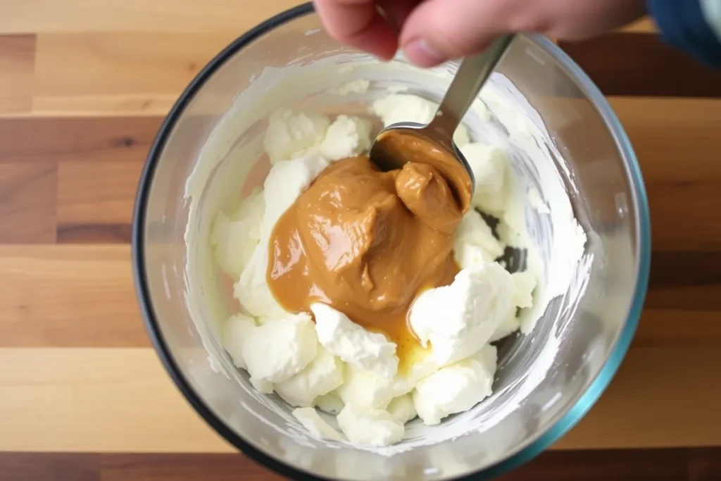 Cottage cheese mixed with peanut butter and honey to create a creamy base for cookie dough