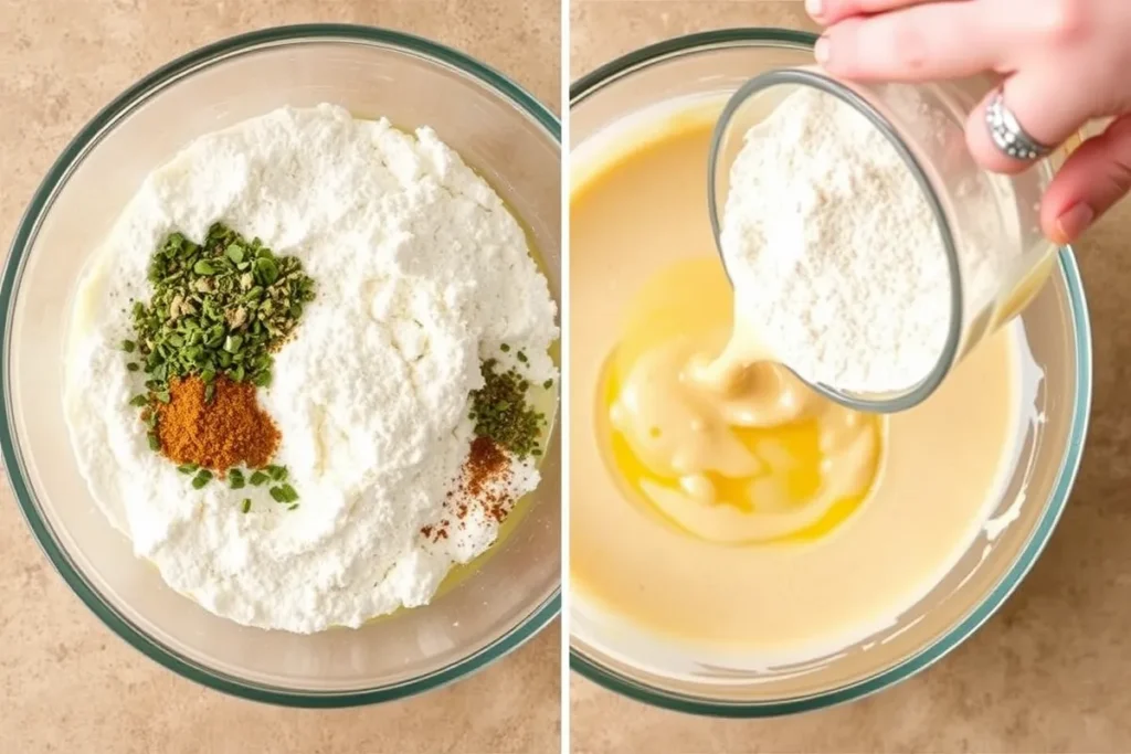 Dry ingredients, including flour and herbs, being added to a bowl of cottage cheese and egg mixture to create the cottage cheese bread batter