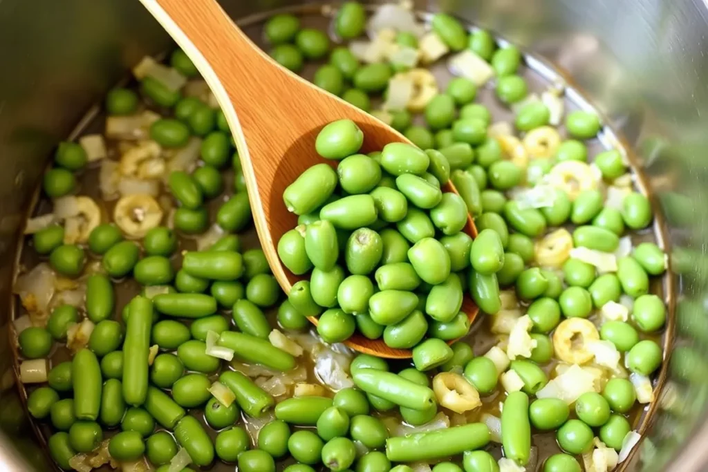 Frozen Hanover Baby Lima Beans being stirred into a pot with sautéed garlic and onions for enhanced flavor