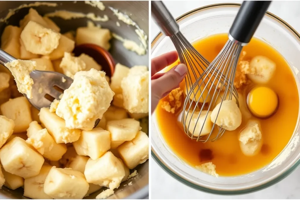 Whisking together eggs, vanilla, and butter for banana bread - Flour, baking soda, and salt mixed together for banana bread