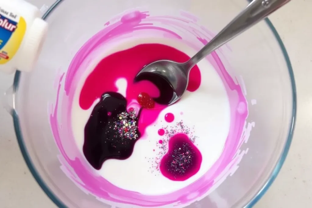 Bowl of white glue with food coloring and glitter being stirred for slime recipe