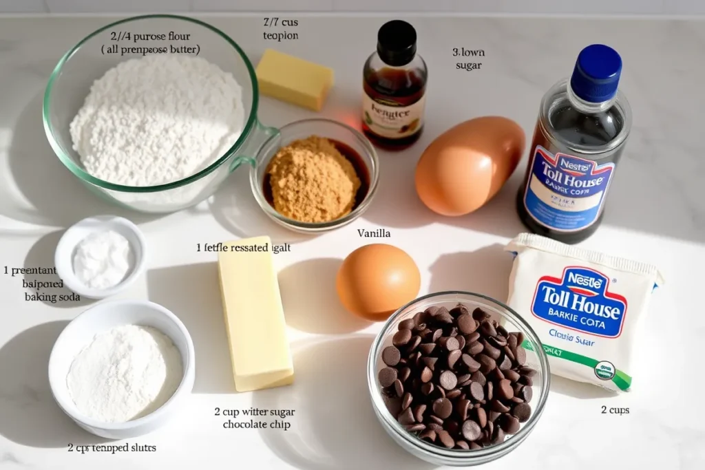 Ingredients for Nestlé Toll House chocolate chip cookies: flour, baking soda, salt, unsalted butter, granulated sugar, brown sugar, vanilla extract, eggs, Nestlé semi-sweet chocolate chips, and chopped nuts (optional)