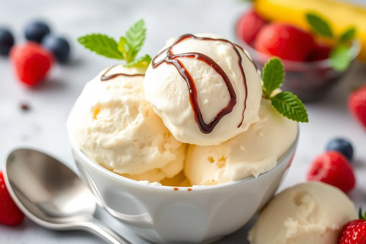 Homemade vanilla ice cream made with Ninja Creami, topped with fresh berries, chocolate drizzle, and mint leaves. A creamy, smooth dessert served in a bowl