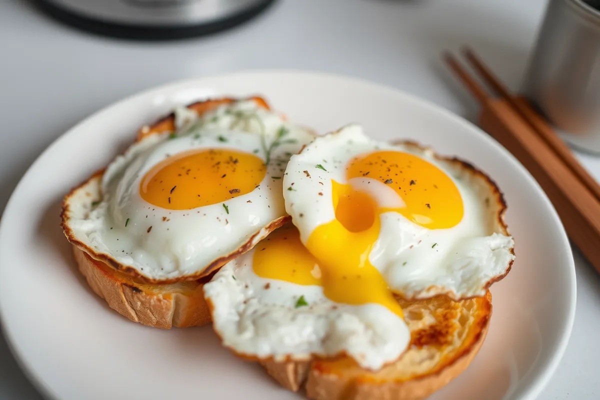 Two perfectly cooked over easy eggs on toast with crispy edges and runny yolks, garnished with black pepper and fresh herbs for a delicious breakfast