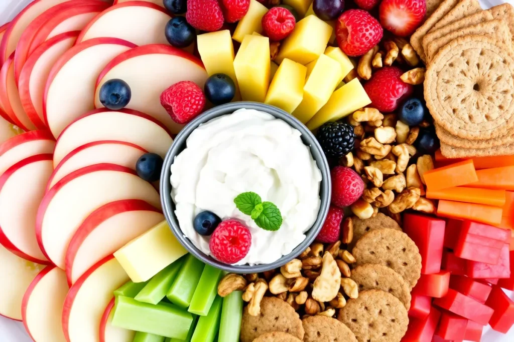 A platter of cottage cheese with fresh fruits, nuts, veggie sticks, and whole-grain crackers, showcasing delicious and healthy options to enjoy with cottage cheese