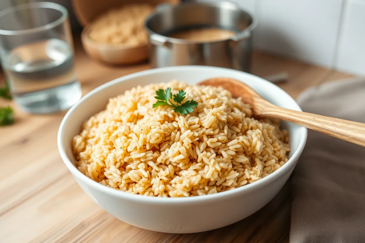 A close-up of fluffy, perfectly cooked brown rice served in a white bowl, garnished with parsley, with a wooden spoon on the side and uncooked rice in the background