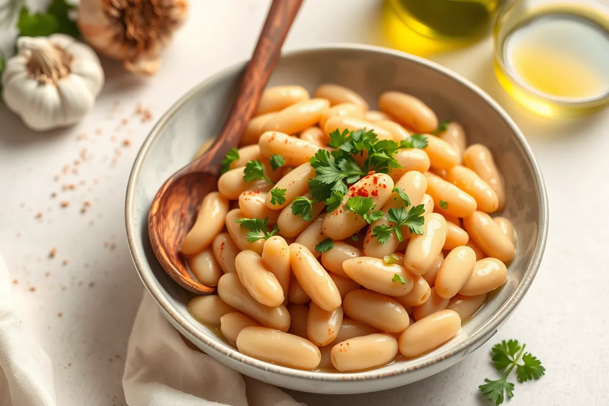 "A bowl of Hanover Baby Lima Beans cooked to perfection, garnished with parsley and served with a rustic wooden spoon, surrounded by fresh ingredients in a cozy kitchen setting."