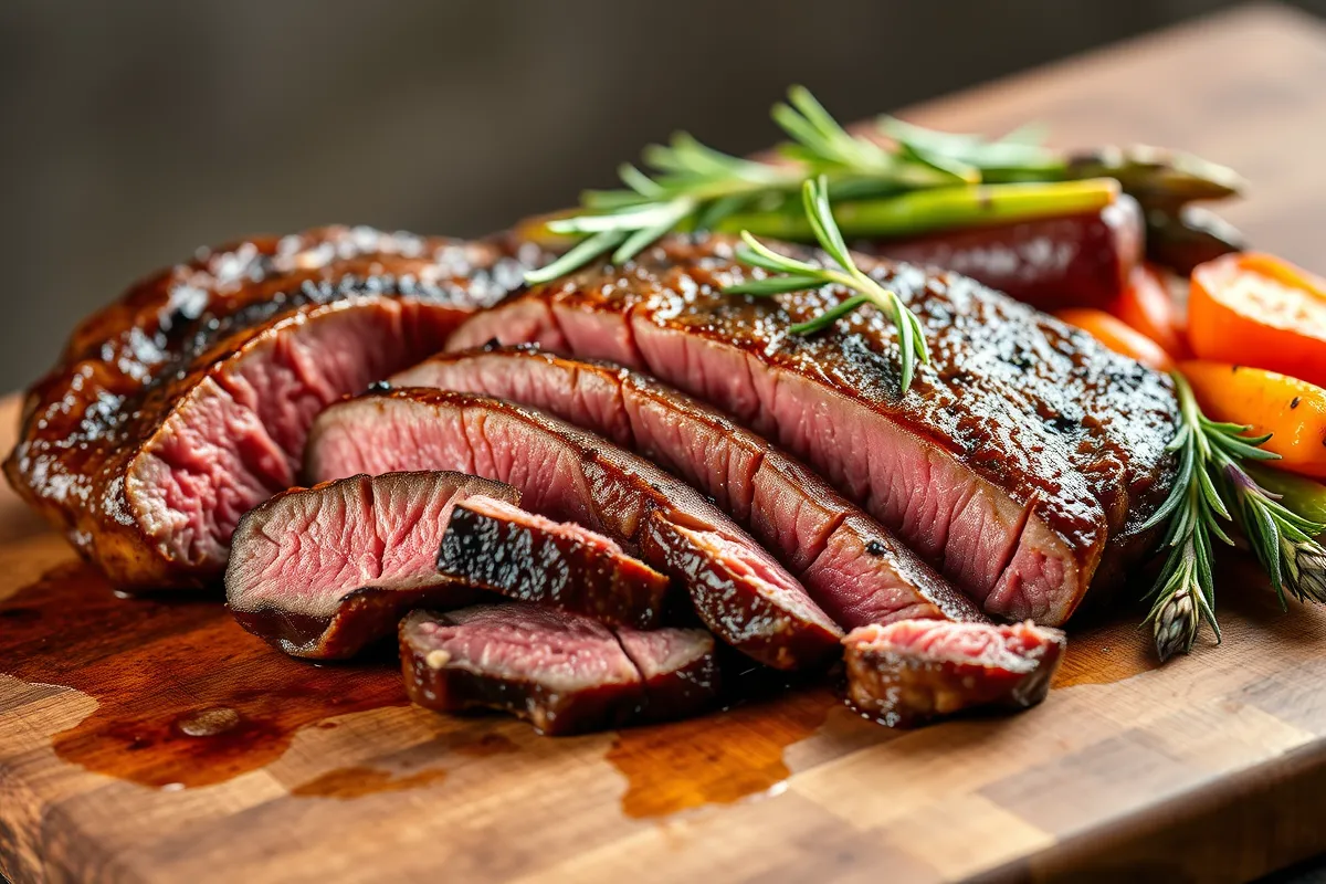 London Broil steak sliced thinly against the grain, served with grilled vegetables and fresh herbs, showcasing a tender, juicy interior and a golden-brown crust