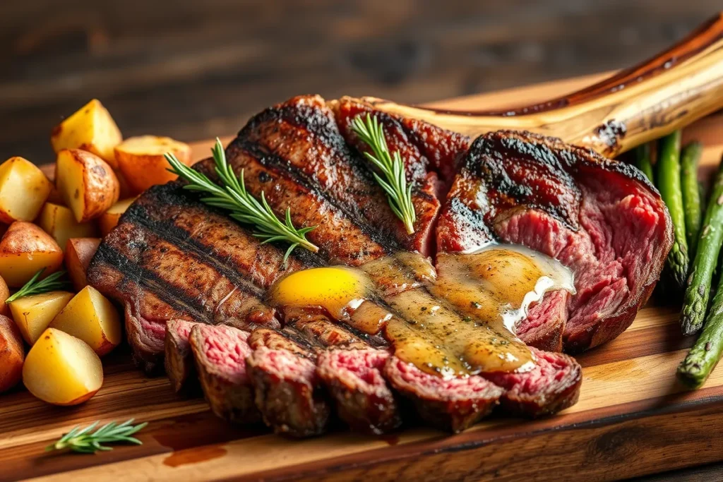 Juicy tomahawk steak sliced and served on a wooden cutting board, with a golden-brown crust, medium-rare center, garnished with rosemary and garlic butter, paired with roasted potatoes and grilled asparagus