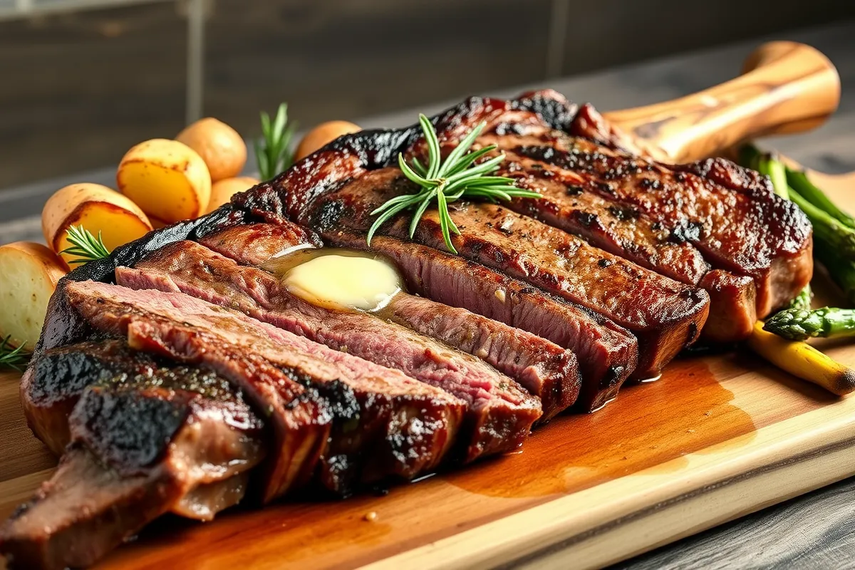 Juicy tomahawk steak sliced and served on a wooden cutting board, with a golden-brown crust, medium-rare center, garnished with rosemary and garlic butter, paired with roasted potatoes and grilled asparagus.