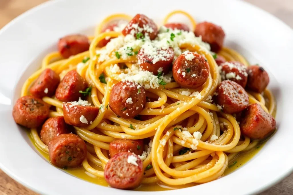 A serving of pasta with Italian sausage, topped with Parmesan cheese and a drizzle of olive oil, ready to enjoy.