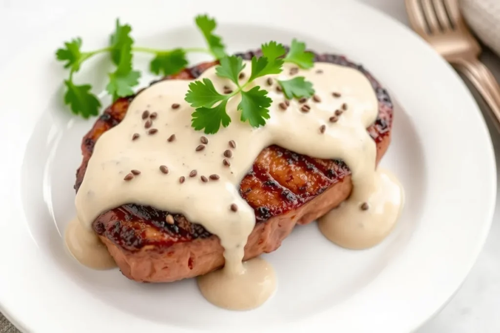 Seared steak plated with creamy peppercorn sauce, garnished with fresh parsley, ready to serve