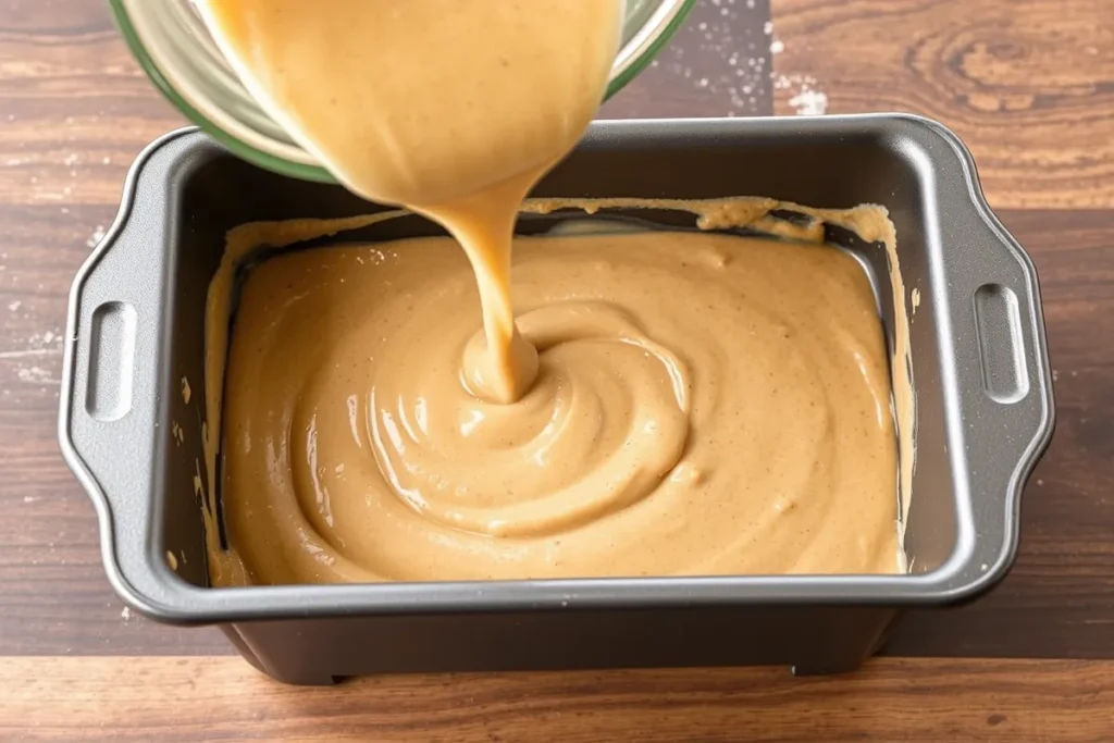 Pouring smooth banana bread batter into a greased loaf pan