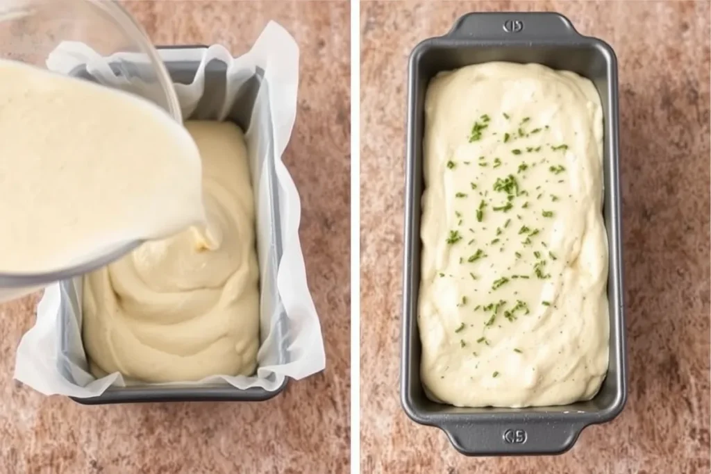 Cottage cheese bread batter being poured into a loaf pan, with parchment paper lining for easy baking