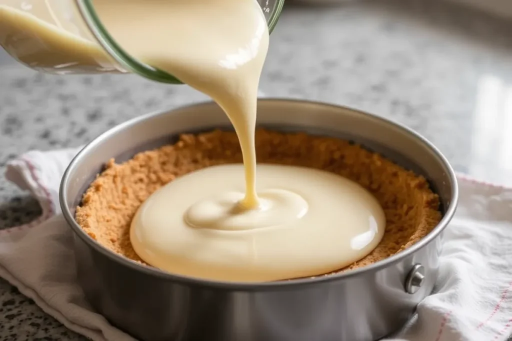 Pouring creamy cottage cheese cheesecake filling into a graham cracker crust in a springform pan