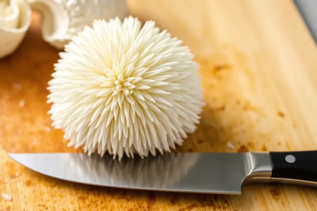 A fresh Lion's Mane mushroom being prepared on a cutting board, ready for cooking