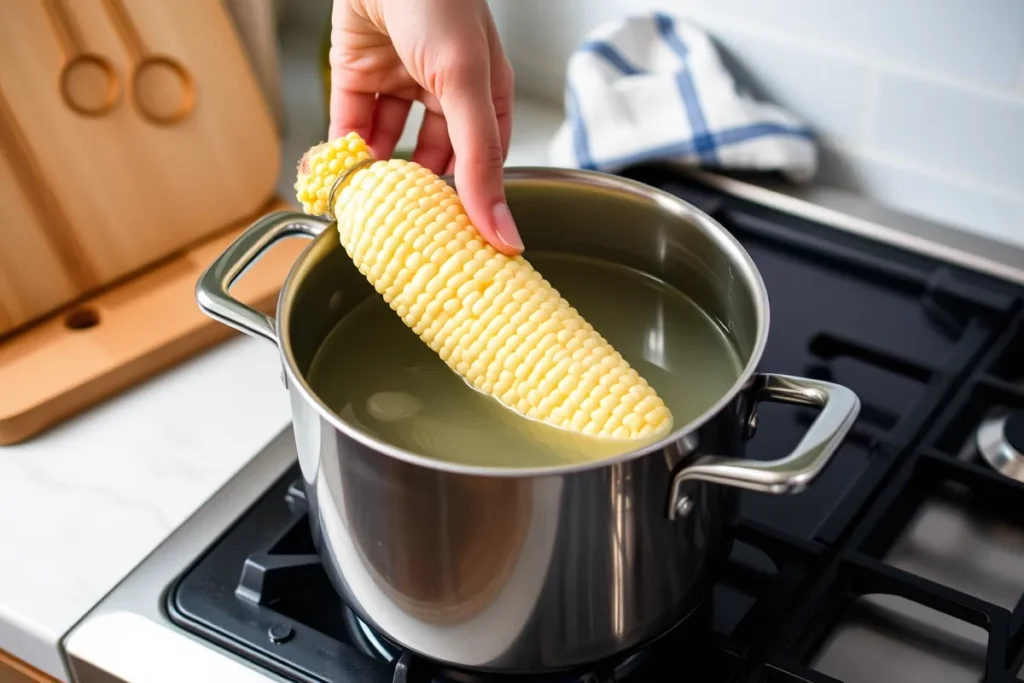 A home kitchen setup showing frozen corn on the cob being placed into a pot of boiling water, with steam rising for a fresh and vibrant look