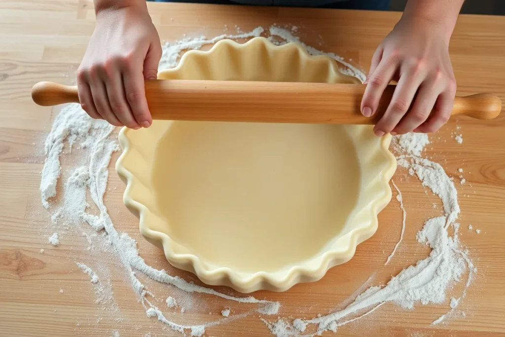 Homemade pie crust being rolled out on a wooden countertop with a rolling pin