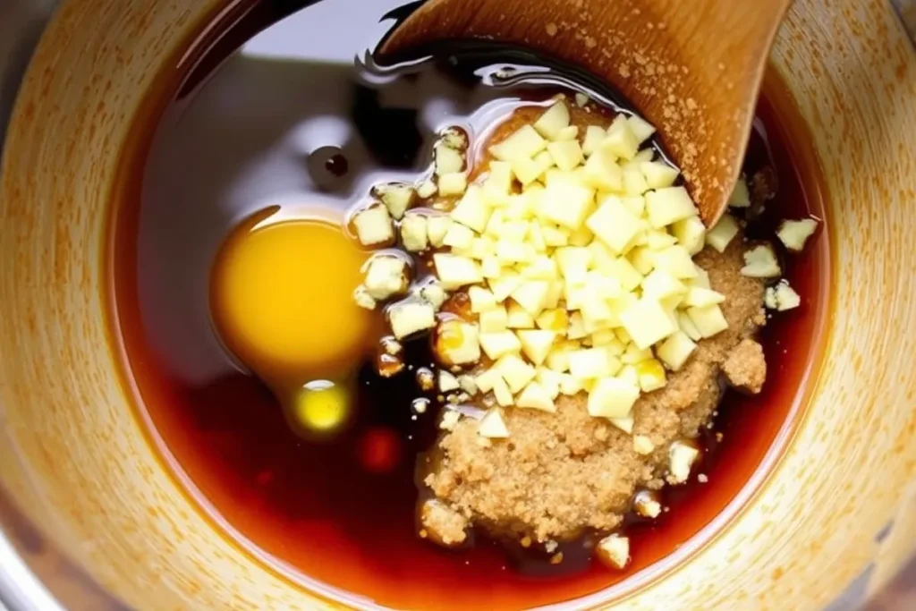 Preparing the marinade for London Broil with soy sauce, garlic, lemon juice, and brown sugar for a flavorful and tender dish