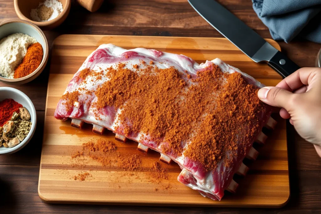 A close-up of pork ribs being trimmed and seasoned with a dry rub on a wooden cutting board, with seasonings like paprika, garlic powder, and brown sugar displayed in small bowls nearby.