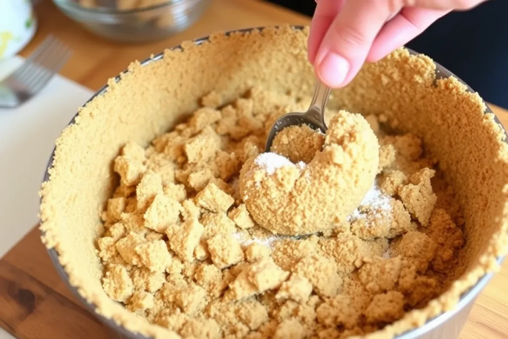 Pressing graham cracker crumbs into the base of a springform pan for a homemade cottage cheese cheesecake crust